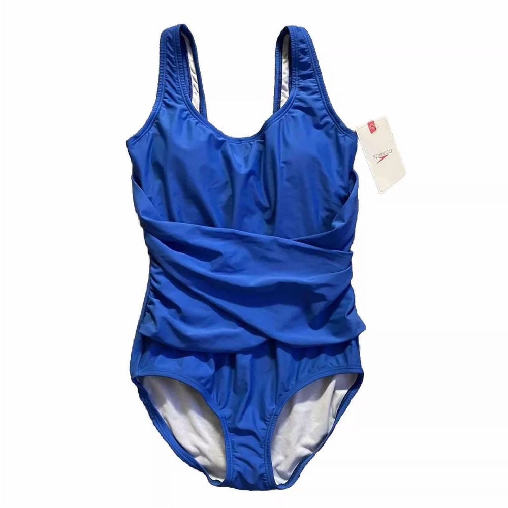 NWT SPEEDO RADIANT BLUE ONE PIECE CRISS CROSS  WRAP SWIMSUIT SZ 8